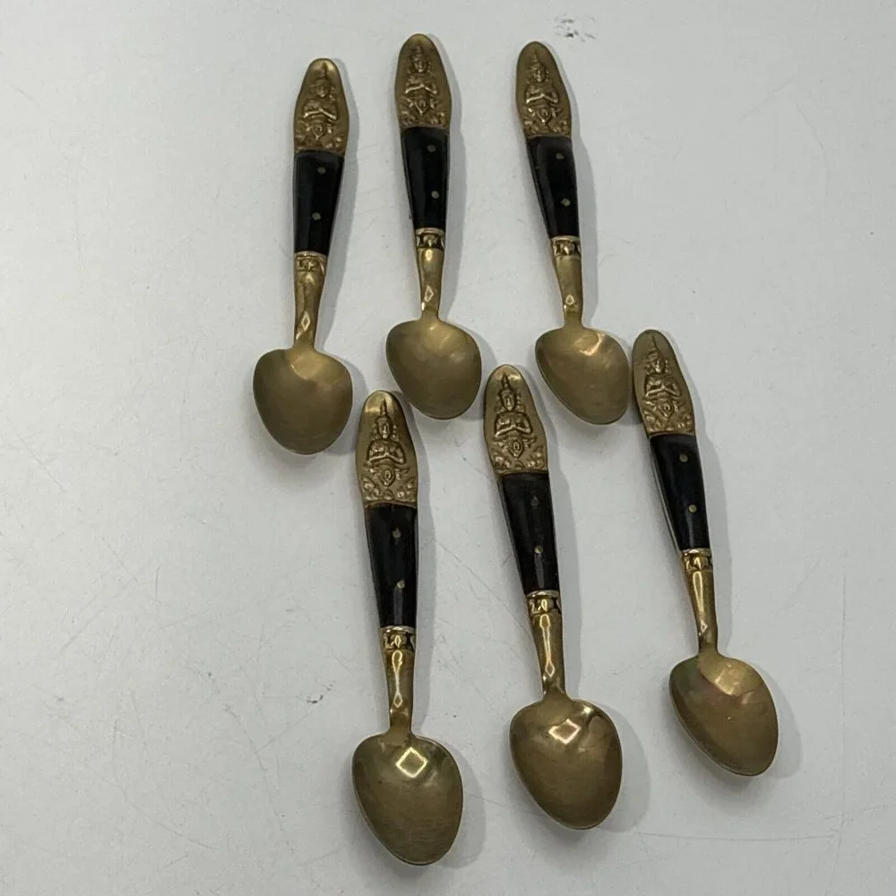 Set of 6 Spoons Siam Sitting Buddha Brass with Black Handle 4.5